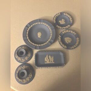Vintage Wedgwood Jasperware Blue candlestick holders, trinket ashtrays England